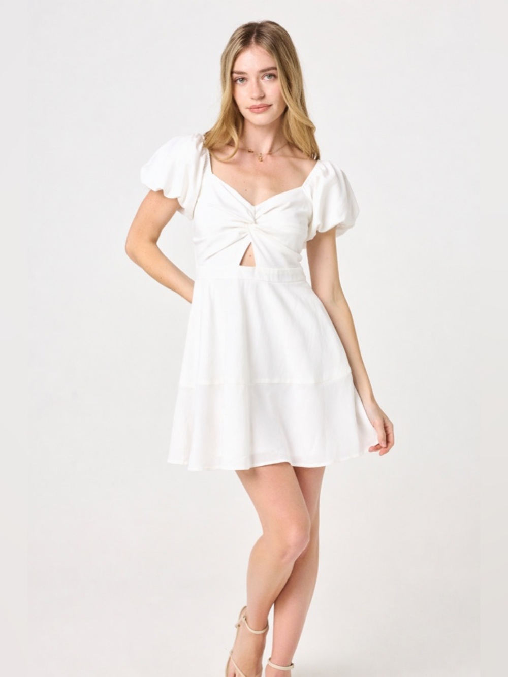 Trixxi White Mini Dress Puff Sleeve Fit Flare Cottagecore Summer Size Small New